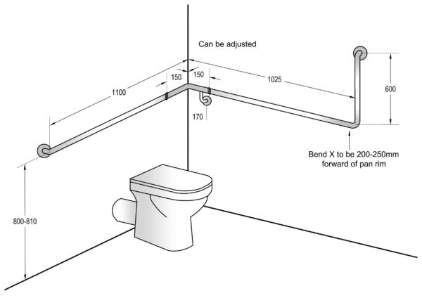 90? Flush Mount Wrap Around Grab Rail Modular 1100x1025x600mm LH